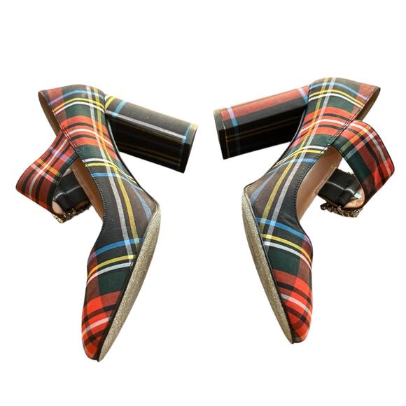 J. Crew Red Tartan Plaid Mary Jane Embellished Heels - Picture 7 of 11